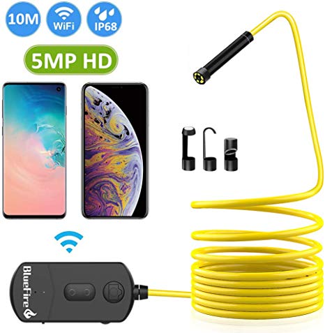 BlueFire 5MP HD WiFi Borescope 1944P Semi-Rigid Wireless Endoscope IP68 Waterproof Inspection Camera Snake Camera for Android and iOS Smartphones iPhone Samsung iPad Tablet (33FT)