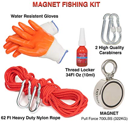 Emerson Magnet Fishing Kit - 700lb Ultra Strong Salvage Magnet Made of Rare Earth Neodymium - This Fishing Magnet Kit Contains a 62ft Nylon Rope, Locking Carabiner, Threadlokcer, and Rubber Gloves