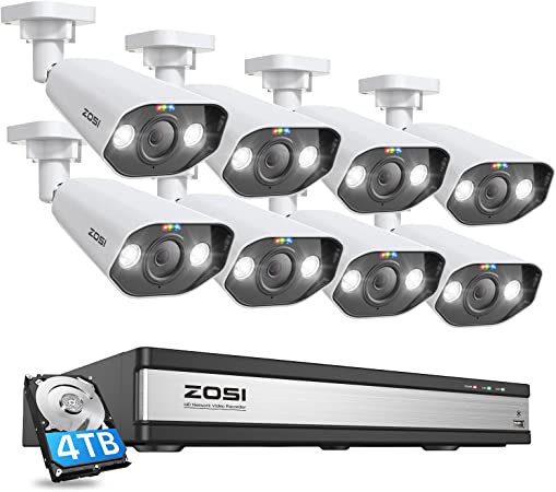 ZOSI 16CH 4K Spotlight PoE Security Camera System,H.265  16CH 8MP NVR with 4TB HDD,8pcs 4K Outdoor PoE IP Cameras,2-Way Talk,Human Detection,Sound&Light Alarm,Remote Access for Home 24/7 Recording