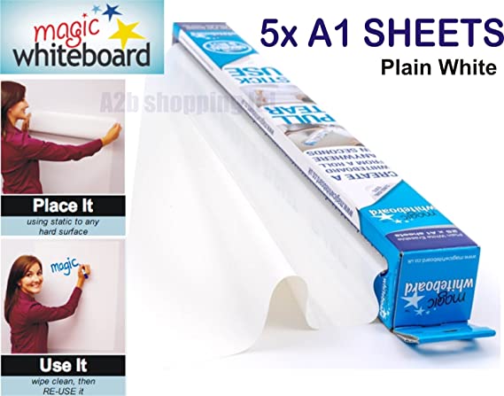 Magic Whiteboard Sheets A1 White Dry Erasable Paper Plain Roll Self Vinyl Stick (5X A1 Sheets)