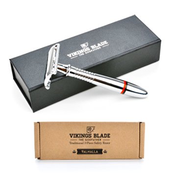 VIKINGS BLADE The Godfather Safety Razor + 5 Swedish Platinum Super Blades, 100% Pure Raw Manliness, Long & Heavy