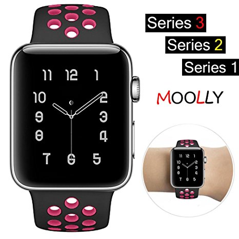 For Apple Watch Band, MOOLLY Soft Silicone Replacement iWatch Band Sport Wrist Strap for Apple Watch Band Series 3 Series 2 Series 1 Sport& Edition (LK38MM-Black/Rose-S)