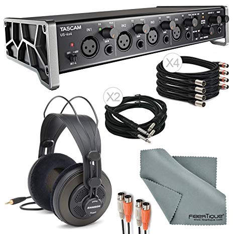 Tascam US-4x4 4-Channel USB Audio Interface Deluxe Bundle with Dual MIDI Cable   2 X ¼” Cable   4 X XLR Cable   Samson Studio Headphones  Fibertique Cleaning Cloth