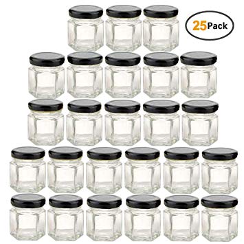 Clear Hexagon Jars 1.5oz With Lids Black,Glass Jars For Spice,Foods,Jams,Liquid,Mason Jars For Storage 25 Pack