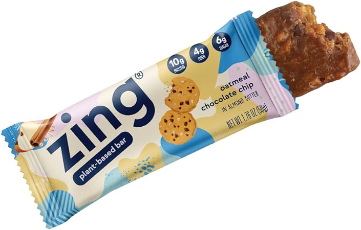 Zing Plant Based Protein Bar, Oatmeal Chocolate Chip Nutrition Bar, 10g Protein and 5g Fiber, Vegan, Gluten Free, Soy Free, Non GMO, 12 count