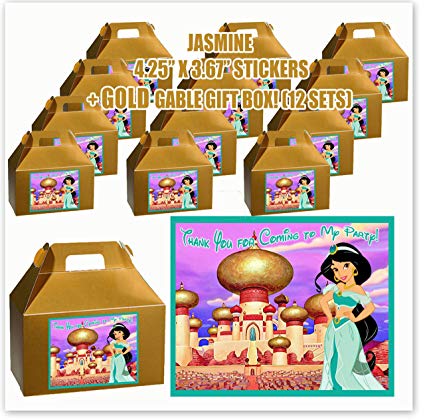 Aladdin Jasmine Princess Movie Party Favor Boxes with Thank You Decals Stickers Loots Gold Birthday 12 Pieces Great Seller …