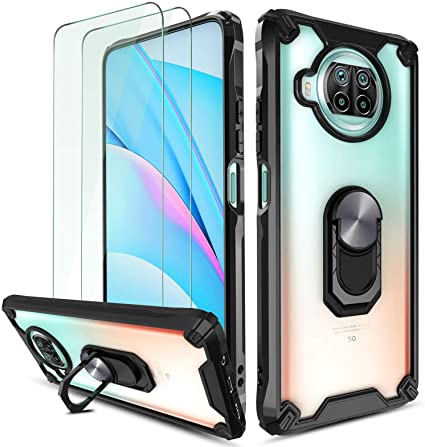 QHOHQ Case for Xiaomi Mi 10T Lite 5G with 2 Pack Screen Protector, [Patented Design] [360° Rotating Stand] [Military Grade Anti-Fall Protection],Transparent Hard PC Back, Soft TPU Edge-Black