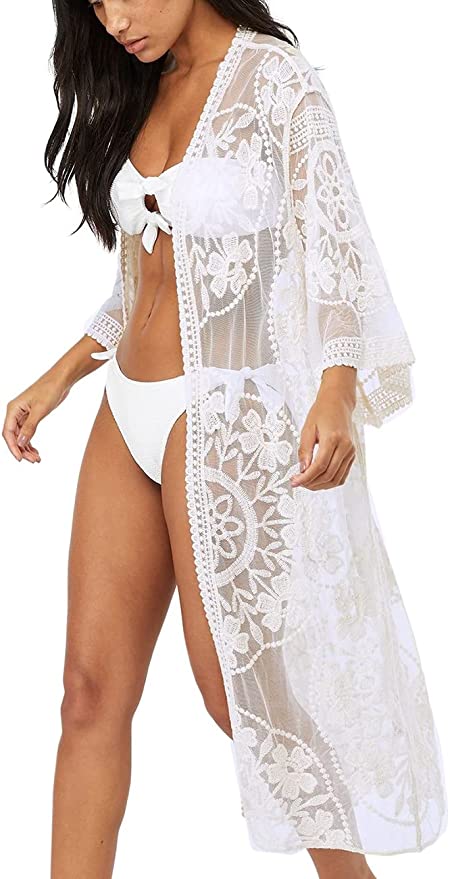 Bsubseach Women Sexy See Through Open Front Swimsuit Beach Long Kimono Cover Ups