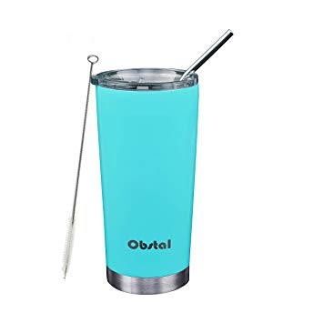 Obstal Stainless Steel Insulated Tumbler - Double Wall Vacuum Travel Mug for Coffee with Straw, Slider Lid, Cleaning Brush, (20 oz, Aqua Blue)