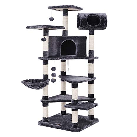 FEANDREA Multi-level Large Cat Tree Cat Furniture Cat Play House Smoky Grey PCT17G