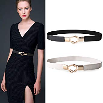 JASGOOD 2 Pack Women Retro Elastic Stretchy Metal Buckle Skinny Waist Cinch Belt 1Inch Wide