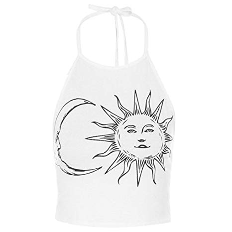 Hatop Sexy Womens Sleeveless Sun Moon Print Halter Neck Tied Crop Vest Top T-Shirt