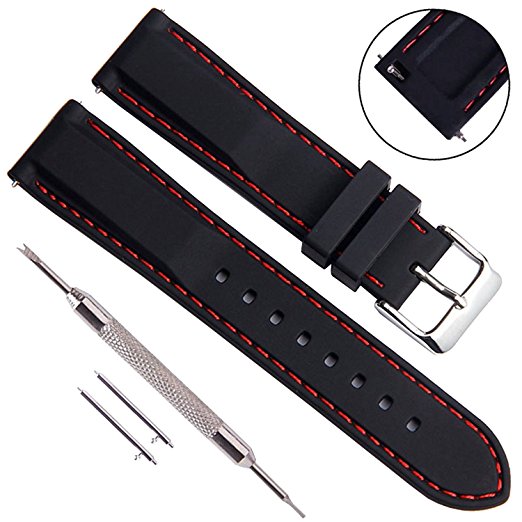 Quick Release Silicone Replacement Watch Band Soft Rubber Watch Straps with Stainless Metal Clasp Choice of Color & Width