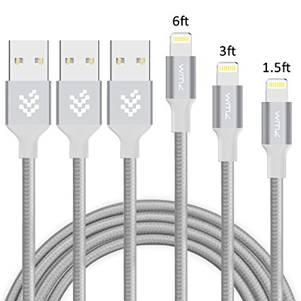 iPhone Charger WMZ 3Pack 1.5FT/3FT/6FT(0.5M/1M/2M) Nylon Braided 8 Pin Charging Cables USB Chrger Cord for iPhone 7/7 Plus/6s/6s Plus/6/6 Plus/5/5S/5C/SE/iPad and iPod(Silver)