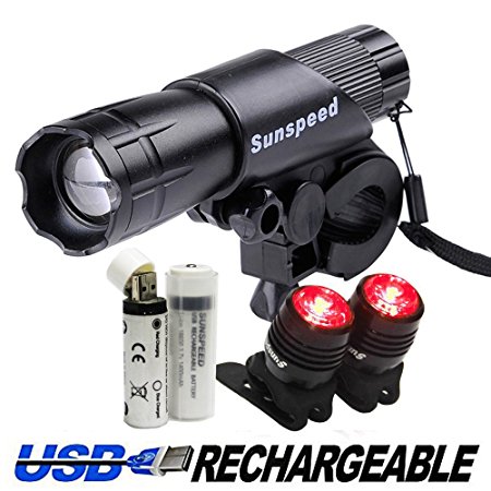Sunspeed Rechargeable LED Bike Light Set - LED Bright Headlight with FREE Tail Safety Light, Easy to Mount - FREE 18650 Batteries Included - 100% No-hassle Replacement Guarantee