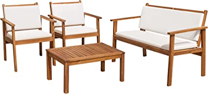 Flamaker Patio Furniture 4 Piece Outdoor Acacia Wood Patio Conversation Sofa Set with Table & Cushions Porch Furniture for Deck, Balcony, Backyard