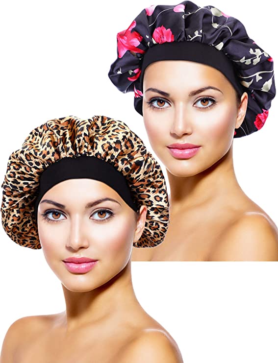 2 Pieces Satin Bonnet Night Sleep Cap Sleeping Head Cover Flower Printed Headwear for Women Girl Daily Wear