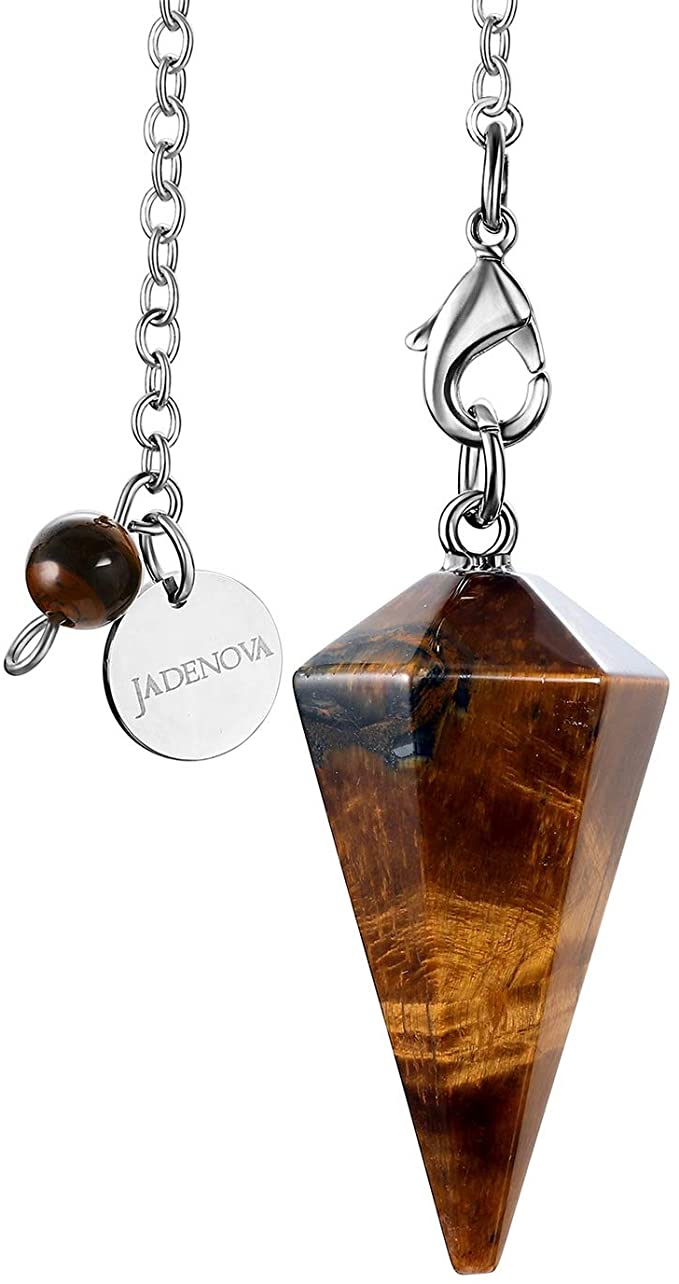JADENOVA Pendulum Crystal Natural Yellow Tiger Eye Reiki Energy Healing Pendant Necklace for Women Divination Dowsing (Crystal with 2 Chains)