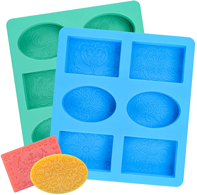 2 Pcs SJ Silicone Soap Molds, 12-Pattern, Rectangle & Oval, Hand Soap Silicone Molds for Kids, Non-Stick & BPA Free (Blue & Mint Green)
