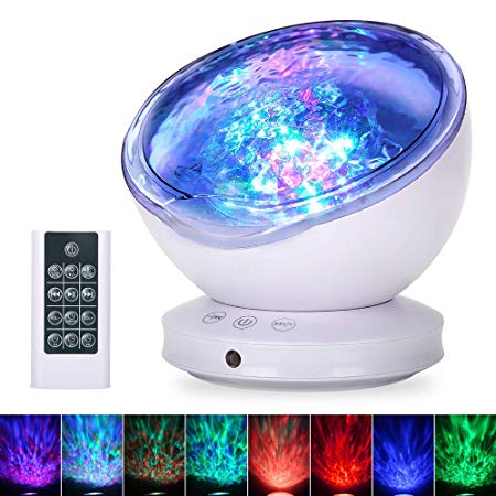 Ocean Wave Projector, GRDE 2019 Newest 12 LED Remote Control Night Light Lamp with Timer 8 Lighting Modes Light Show LED Night Light Projector Lamp for Baby Kids Adults Bedroom Living Room