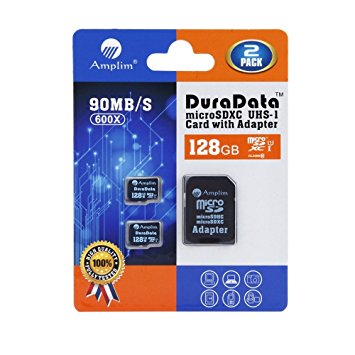 Two Amplim 128GB microSDXC Cards Plus Adapter Pack (Class 10 Micro SD Extreme Pro UHS-I microSD Memory) Ultra High Speed 128 GB SDXC UHS-1 TF Flash Adaptor Duo. 128G 90MB/s 600X xc class10 Performance