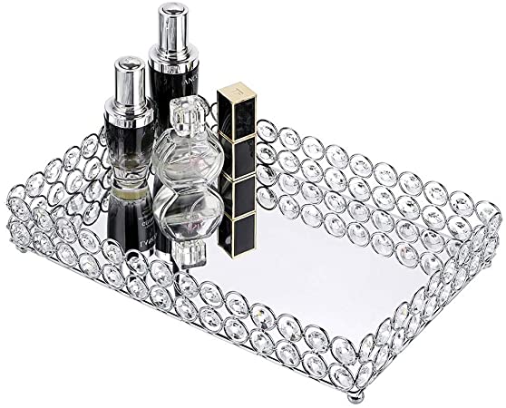 Hipiwe Crystal Cosmetic Makeup Tray - Mirrored Vanity Jewelry Decorative Tray Organizer for Storage Perfume, Toiletries,Trinket, Home Decor Tray for Dresser/Vanity Table, Bathroom