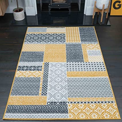 Milan Ochre Mustard Yellow Grey Patchwork Squares Traditional Lounge Living Room Rug 80cm x 150cm