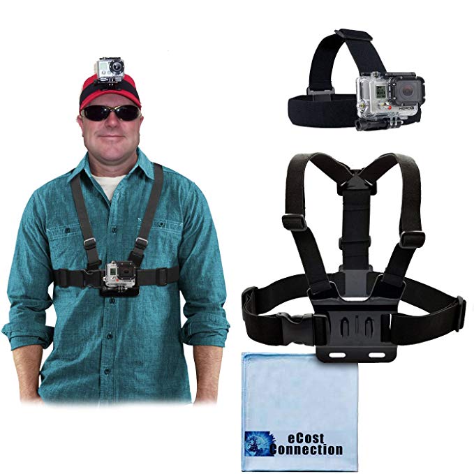 Adjustable Chest Mount Harness and Head Strap Mount for GoPro Hero1, GoPro Hero 2, GoPro Hero3, GoPro Hero3 , GoPro Hero4, Hero4 Session, HERO5, HERO 6, Fusion   Microfiber Cloth
