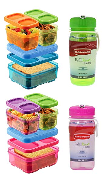 Rubbermaid Lunch Blox and Refill Reuse Bottles Set - 2 Sandwich Kits, Pink/Purple/Green & Blue/Orange/Green with 14oz Refill Reuse Bottles (Pink & Green)