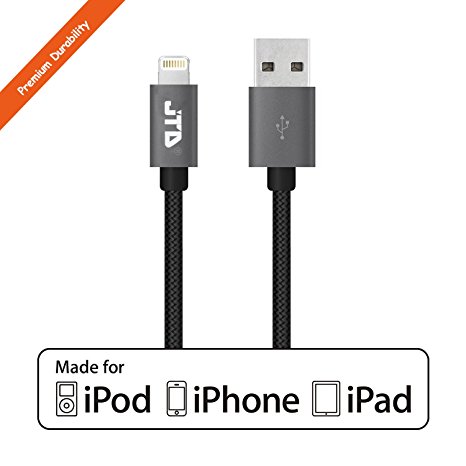 JTD 3ft Nylon Braided Lightning to USB Data Cable Charger Cord 3ft / 0.9m with Ultra-Compact Connector Head for iPhone 6s, 6 Plus 5s 5c 5, iPad Air mini mini2, iPad 4th gen, iPod touch 5th gen, and iPod nano 7th gen [Apple MFi Certified] (Black)