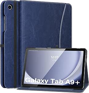 MoKo Case for Samsung Galaxy Tab A9 Plus 11" 2023 (SM-X210/SM-X216/SM-X218), PU Leather Multi-Angle Viewing Folding Stand Cover Case with Hand Strap, Front Pocket, Auto Wake/Sleep, Navy Blue