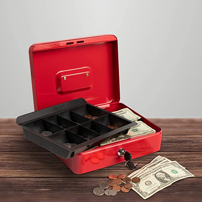 Stalwart Cash Box – Locking Steel Petty Cash Safe with Removable Coin Tray and Key Entry for Yard Sales, Markets and Concession Stands (Red)