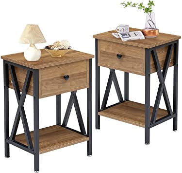 VECELO Modern Versatile Nightstands X-Design Side End Table Night Stand Storage Shelf with Bin Drawer for Living Room Bedroom, Set of 2, Walnut Brown