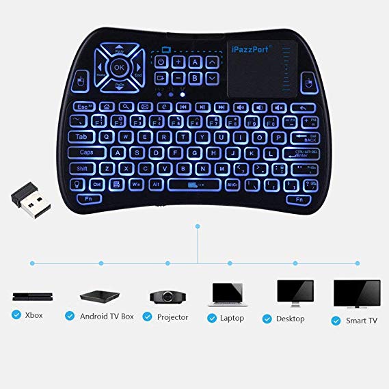 (2018 Updated RF/IR Learing) iPazzPort Mini Wireless Keyboard, 2.4GHz Backlit Infrared Remote Control USB Mini Keyboard with Touchpad Mouse Combo for Smart TV,TV Box,HTPC,IPTV,Raspberry Pi,Fire TV