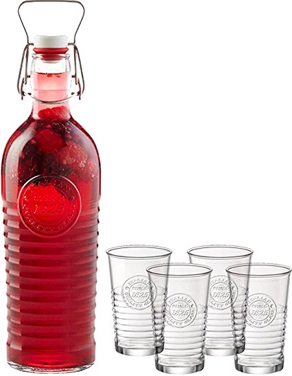 Bormioli Rocco 5pc Officina 1825 Collection 40.5oz. Swing Top Lid Glass Bottle and (4) 10.25oz. Glassware