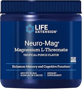 Life Extension, Neuro-Mag, Magnesium-L-Threonat, Mineralien, Muskelkrämpfe, 93,35 Gramm Pulver, Tropical Punsch Geschmack, Nahrungsergänzungsmittel, Vegan, Glutenfrei, Sojafrei