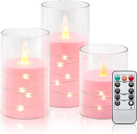 Aignis Pink Flickering Flameless Candles, Battery Operated Candles, Recessed String Light LED Candles, Unbreakable Plexiglass Candles with Remote Timer, 3D Flame Set of Three (D3 xH4 5" 6")