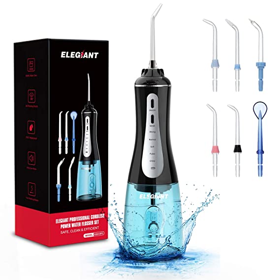 ELEGIANT Water Flosser for Teeth, 5 Modes Cordless Dental Oral Irrigator Rechargeable with 350ML Cleanable Water Tank, IPX7 Waterproof, Teeth Cleaner for Home, Travel, Braces & Bridges Care