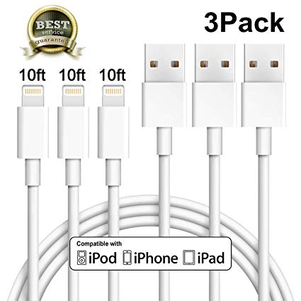 iPhone Charger Xcords Lightning Cable 3Pack 10FT 8Pin Charging Cord Compatible with iPhone Xs MAX XR X 8 8 Plus 7 7 Plus 6s 6s Plus 6 6 Plus Se iPad iPod Nano (White)