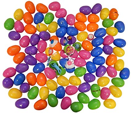 100 Toy Filled Hinged Bright Easter Eggs, Measure 2.5 Inches; Toys Include Vinyl Smile-face Bunny Necklace, Bunny Teeth Whistle, Mini Porcupine Ball, Easter Yo-yo, Easter Spin Top, or Easter Stretchy Flinger.