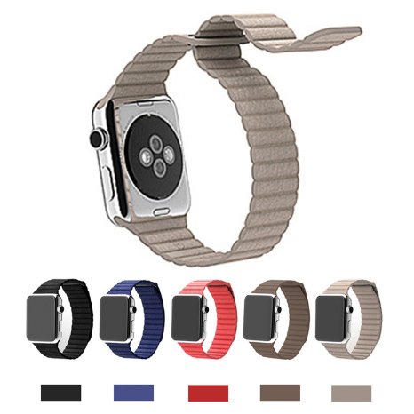 Apple Watch BandTeslasz 42mm Genuine Leather Loop with Magnet Lock Strap Replacement Band Link Braclet for Apple iWatch All Models Beige 42 MM