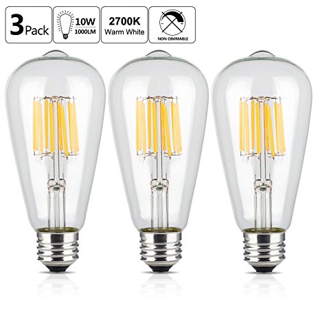 OMAYKEY LED Edison Bulb 10W (100W Equivalent) 2700K Warm White Glow, E26 Medium Base ST64 Vintage Edison Light Bulbs, 360 Degree Beam Angle, Non-dimmable, Pack of 3