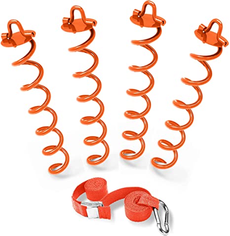 ABCCANOPY Spiral Ground Anchor with Dog Tie Out, Trampoline Anchor Stakes for Anchor Swings Set Down, Portable Basketball Goal, Trampoline Tent, Bonus Tie-Downs for Tethering The Dog, 4Pcs