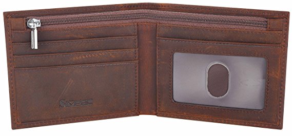Simac Mens Cowboy Genuine Natural Crazy Horse Leather Bifold Wallet with Coin Pocket RFID Blocking