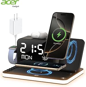 acer 7-in-1 Wireless Charging Station with Adjustable Brightness Night Light, Compatible with iPhone 16/15/14/13/12 All Series, Android Phones, AirPods, and iWatch, Fast Charger with Time Display