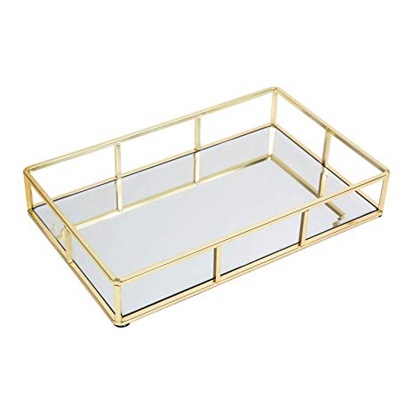 Houseables Mirrored Tray, Decorative Countertop Organizer, 12”x 2”x 8”, Gold, Ornate Vanity Décor, Bathroom Accessories, Perfume Plate, Jewelry Box, Makeup Holder, Coffee Table Catchall, Brass
