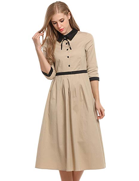 ACEVOG Women A Line Fit Flare Dress Bow 3/4 Sleeve Knee Length Retro Party Evening Swing Dress