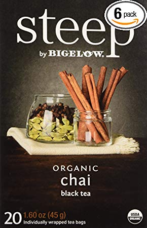 Steep by Bigelow Organic Chai Tea 20 Count (Pack of 6) Organic Caffeinated Individual Black Tea Bags, for Hot Tea or Iced Tea, Drink Plain or Sweetened with Honey or Sugar