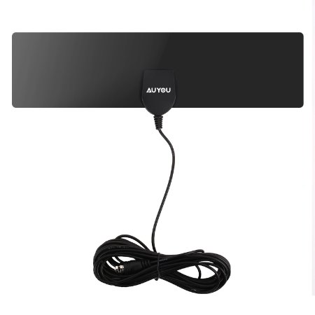 AuYou Indoor HDTV Antenna 25 Mile Range, Ultra Thin Digital TV Aerial Amplifier with Premium 16ft Coax Cable of Highest Performance (Black, AN-HDTV010)