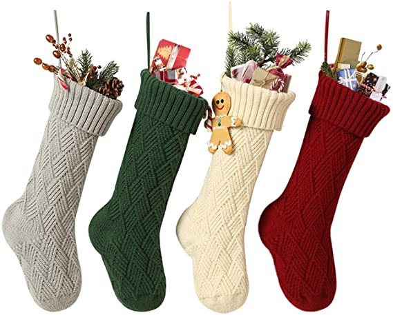FanShou Christmas Stockings 4 PC Set Cute Xmas Stockings Decoration Cable Knitted Christmas Hanging Stockings Holiday Decorations Gifts Party Accessory 14" & 18" (Multicolor, 18 Inch)